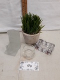 glass bookend, ashtray, faux plant in pot etc