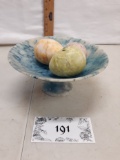 Halite compote bowl and three eggs, dyed various colors