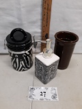 Zebra canister and lotion dispenser, brown vase