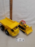 two plastic construction truck kids toys, dozer and dump
