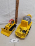 two plastic construction truck kids toys, dozer and cement