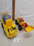 two plastic construction truck kids toys, dozer and cement