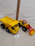 two plastic construction truck kids toys, dozer and dump