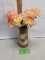 Metal chicken vase with handle décor, silk flowers