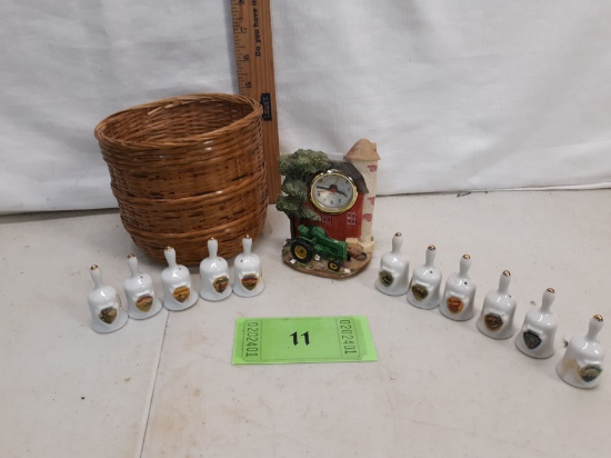 small basket w/11 miniature bells, small farm scene clock