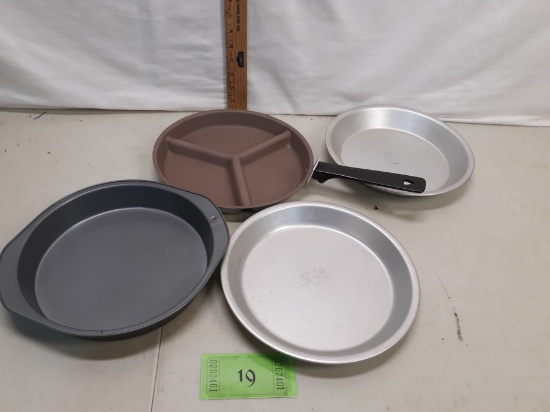 2- pie pans, sectioned frying pan