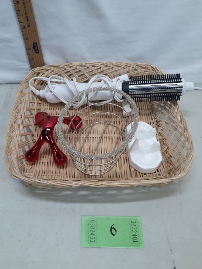 Basket w/Jilbere curling brush, back massager, metal basket, plastic holder