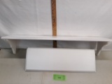 Two white wood wall knick knack shelves, one leg needs glued