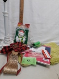 Box Lot, lamp, Christmas, receipt book, small rug, etc
