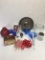 Box Lot/Blue Glass, Red Glass, Bells, Red Bows, ETC