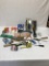 Box Lot of Tools/Tape Measure, Trowels, Caulk Gun, Flashlights