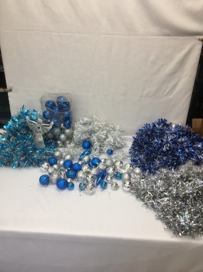 Box Lot/Blue & Silver Christmas Ornaments, Garland, ETC