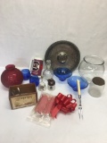 Box Lot/Blue Glass, Red Glass, Bells, Red Bows, ETC