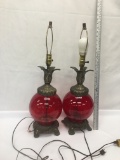 Pair of Vintage Ornate Red Glass 2 Way Lamps