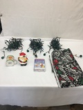 Box Lot/Christmas Table Cloth, Mini Lights, Santa Candle, ETC