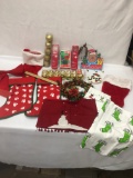 Box Lot/Gold Christmas Ornaments, Mini Lights, Dog Stockings, ETC
