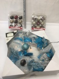 Holiday Time 20 Inch Blue Mesh Wreath and Tree Ornaments