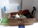 Tool lot, measuring cups, tripod, containers, etc