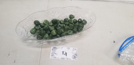 plastic oval décor bowl, bag of green glass rocks