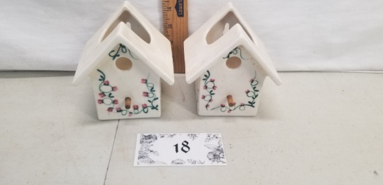 pair ceramic bird house wall pockets, one chipped