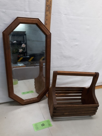 small wood framed mirror, wood slat sided fruit basket