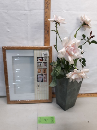 shadowbox frame, metal vase with silk florals