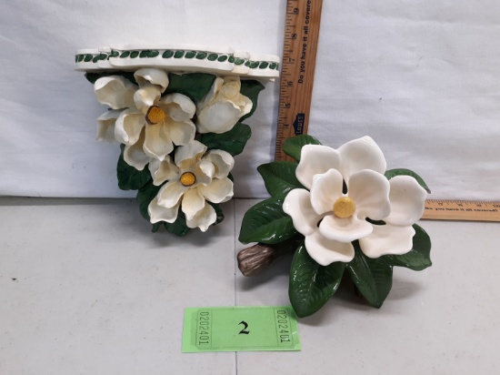 Magnolia flower décor, ceramic table display and resin wall shelf