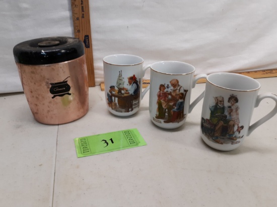 Norman Rockwell mugs and West Bend copper sieve canister