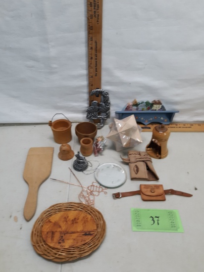 misc lot, wood items, including puzzle, leather souvenir items, etc