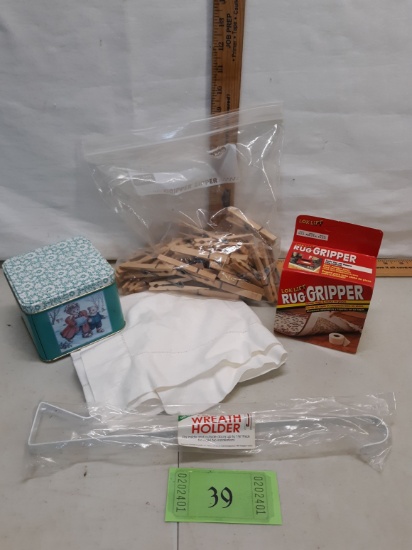 misc lot, tin, rug gripper tape, clothespins, wreath holder