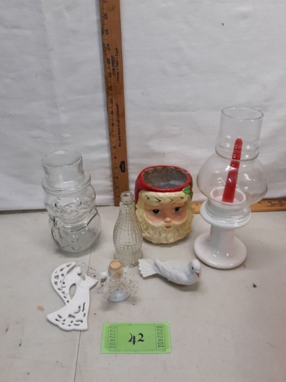 Misc lot, glass snowman cookie jar, ceramic and glass candle holder, ornaments, etc
