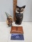 Resin figurine, leather stress bag, wood Jamaica owl