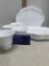 Four Indiana Glass grapes milk glass snack teacup and plate