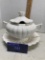 1950s Soup tureen and underplate, white ribbed ceramic, Made in USA