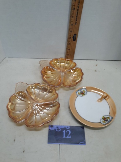 Two marigold carnival shamrock trinket dishes, one Noritake candle plate
