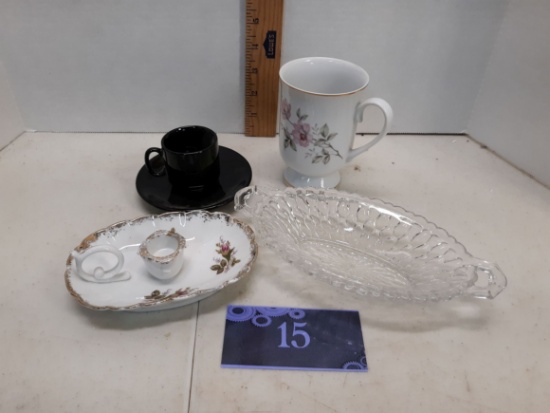 glass optic hex triket dish, ceramic candle holder, mug, espresso