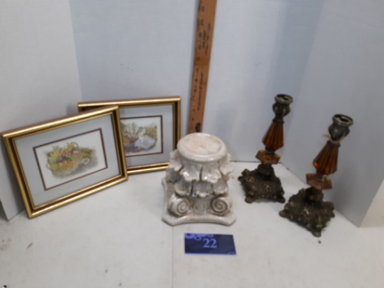two candlesticks, pillar holder, two framed images of vegetables