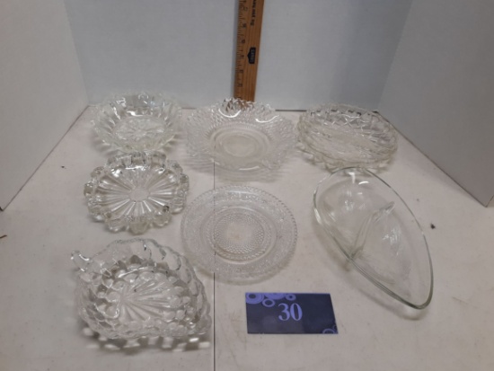 clear glass lot, ashtray, trinket bowls, divided serving dishes