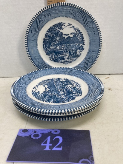 Four blue Currier and Ives small plate, Harvest