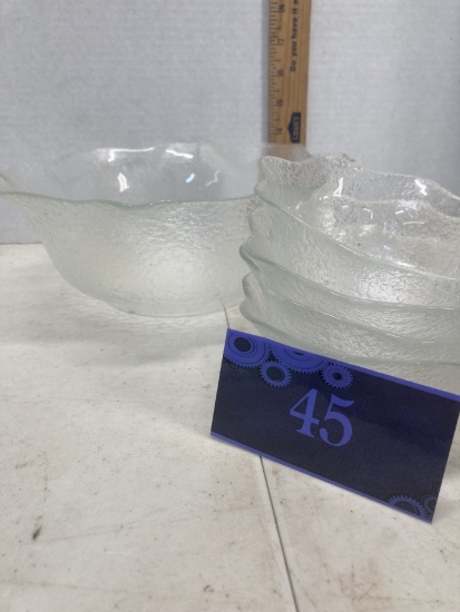 Clear textured glass salad serving bowl and four salad bowls