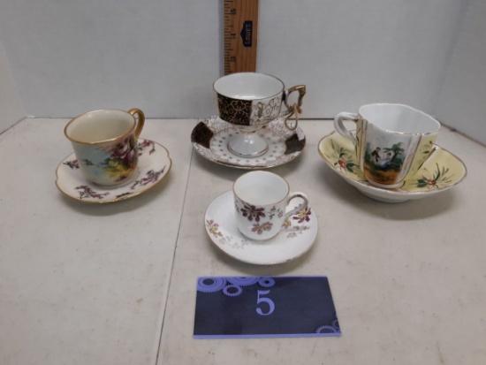 Teacups and saucers, demitasse, oval, pedestal