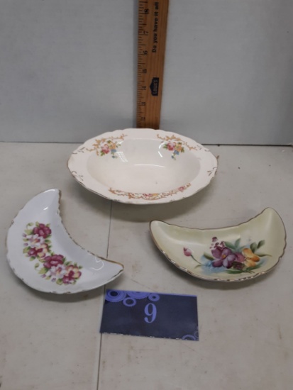 Crown Potteries oval bowl, two bone dishes one handpainted