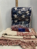 Two woven afghans, American flag, cats