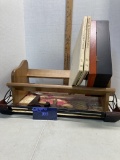 metal and wood tray, wood bookshelf, books, jewelry box, plate stands