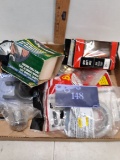 misc box lot, carpet tape, hanger strap, paint strainer, misc items
