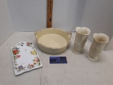 Two ivory vases, handled tart dish, Andrea by Sadek spoon trivet
