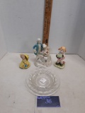 Three ceramic figurines, glass dish
