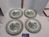 Four green Currier and Ives dinner plate, The Old Curiosity Shop