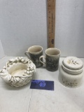 Royal Doulton Will o the Wisp canister, two mugs elk, grapes resin votive holder