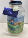 One Gallon hand painted boy in fishing boat jar with bank lid